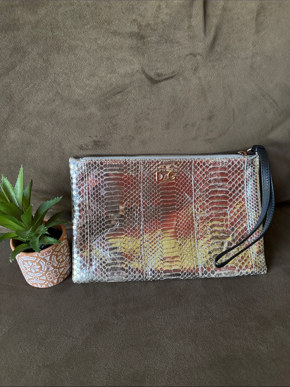 D&G Silver Iridescent Snakeskin Wristlet - Silver Hardware